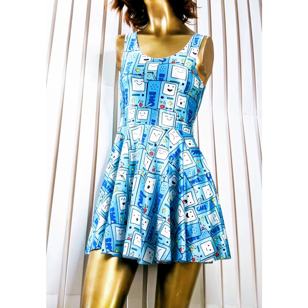 Women's BMO Game Cute Blue Straps Mini Skater Dress with Cartoon Print Stretch M